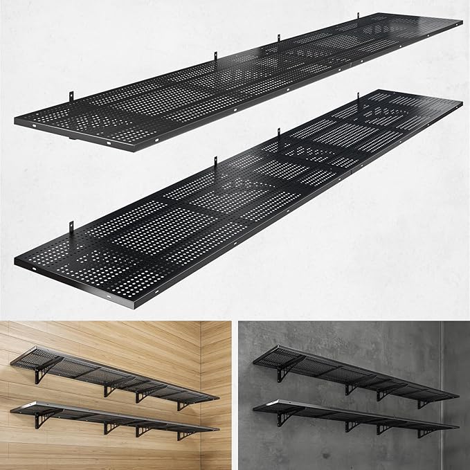 4-Pack 1.5x4ft Heavy Duty Garage Wall Shelving, 1000 lbs Load Capacity, Garage Shelving Wall Mounted, Garage Storage Rack with Hooks, Black