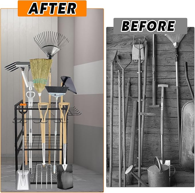 3 Tier Garden Tool Organizer, Yard Tool Tower Rack, Tool organizer up to 78 Tools, Heavy Duty Garden Tool Organizer for Garage, Yard, Patio, Shed, Indoors and Outdoors, Black