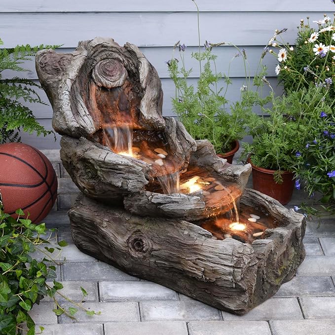 31.5" L Garden Water Fountain Outdoor, Artifical Imitation Wood Outdoor Water Fountain Natural Waterfall with LED Lights for Patio,Porch,Backyard,Home Art Decor（Resin）