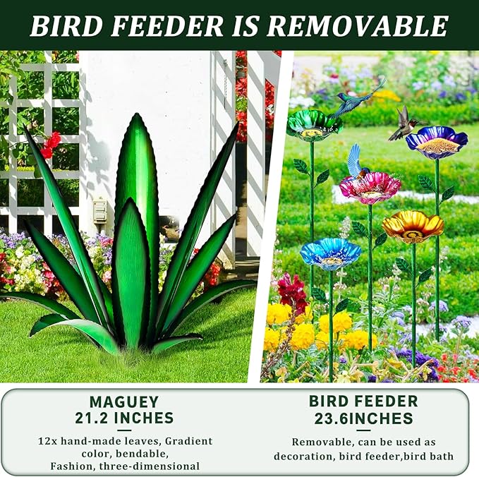 [2024 Upgraded] Large Metal Agave Yard Art, Tequila Rustic Sculpture, Hand Painted Metal Agave Plants with Bird Feeder, Garden Sculpture Statue Outdoor Decor (Green)