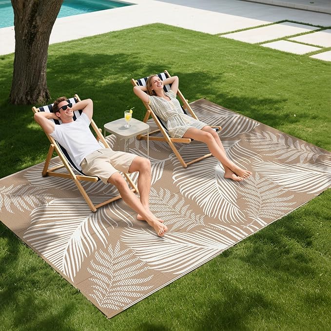 Pauwer Waterproof Outdoor Rug 5x8, Reversible Plastic Straw Patio Camping Rug, Indoor Outdoor RV Mat Carpet for Deck, Camper, Porch, Balcony, Backyard, Picnic, Leaf Brown