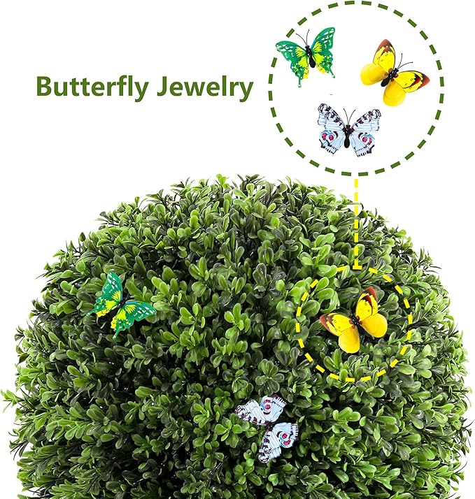 28" Artificial Boxwood Ball Bush, UV Resistant Topiary Tree Faux Boxwood Ball Shaped Porch Bushes with Ground Spike Artificial Bushes for Outdoors Front Door Decor Home Garden (6, Green)