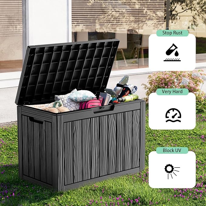 45 Gallon Resin Deck Box, Lockable Outdoor Storage Box for Patio Cushions Storage Furniture,Garden Tools, Pool Supplies, Weatherproof and UV Resistant（Black）