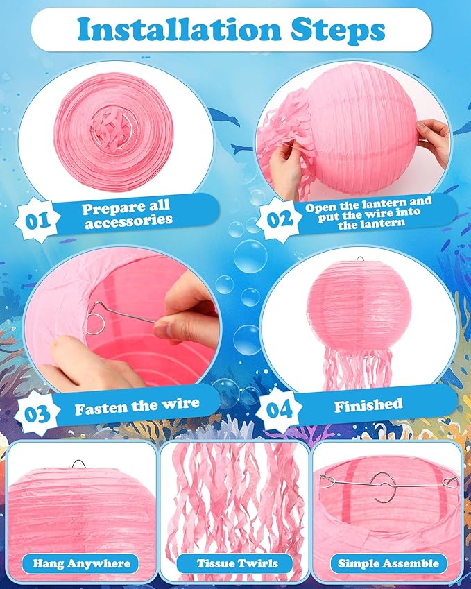18 Pcs Jellyfish Paper Lanterns Mermaid Birthday Decorations Hanging Lantern Lamps for Ocean Theme Decor Under The Sea Party Supplies