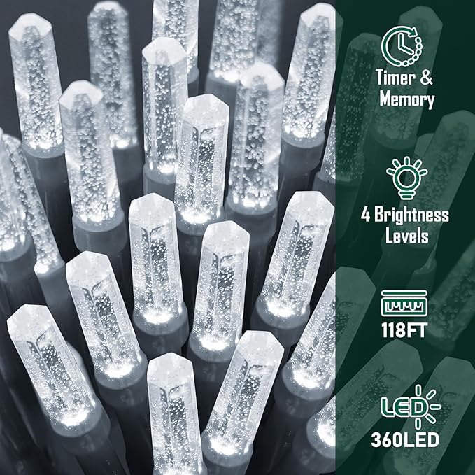 Heceltt 360 LED 118 FT String Lights Outdoor, 8 Modes Cool White Christmas Lights Plug in, IP44 Waterproof Led String Lights with Timer and Memory for Tree Yard Party Garden Decorations