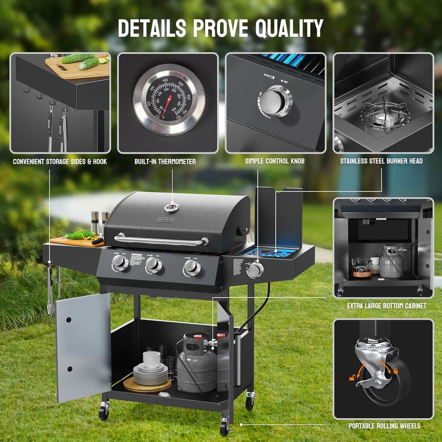 ROVSUN 3 Burner Propane Gas Grill with Side Burner, 46,000BTU BBQ Grills with Enameled Cast Iron Grates, Shelf & Cabinet for Outdoor Garden Patio Backyard Barbecue Cooking