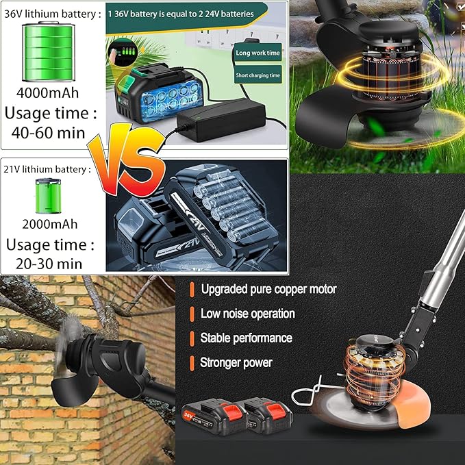 Weed Wacker 24V Eater Battery Brush Cutter, Electric Eater Battery Cordless stringles with 2 Batteries, 1 Charger, 3 Types Blades, Weed Wacker Battery Powered, Lightweight Battery Electric Weed