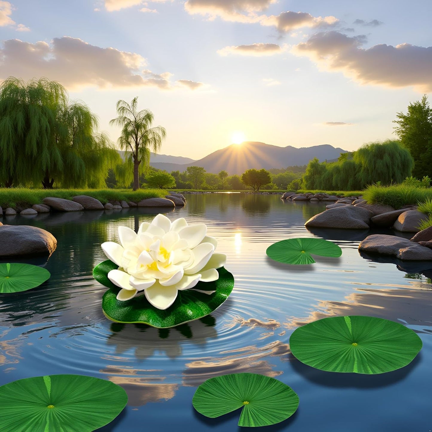 2Pcs White Artificial Floating Foam Lotus Flowers with Water Lily Pad Ornaments,Perfect for Patio Koi Pond Pool Aquarium Home Garden Wedding Party Holiday Decoration Water Gardens and Ponds