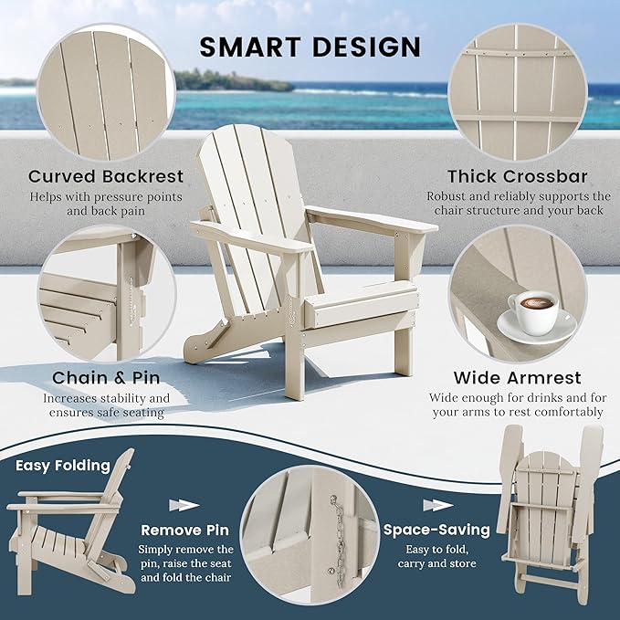 Westin Outdoors Laguna WO Outdoor Adirondack Folding Patio Chairs 8 PCS Set Retro Beach Aesthetic for Backyard, Lawn, Patio, Deck, Garden, Weather Resistant Polyethylene Plastic Lounger (Sand)