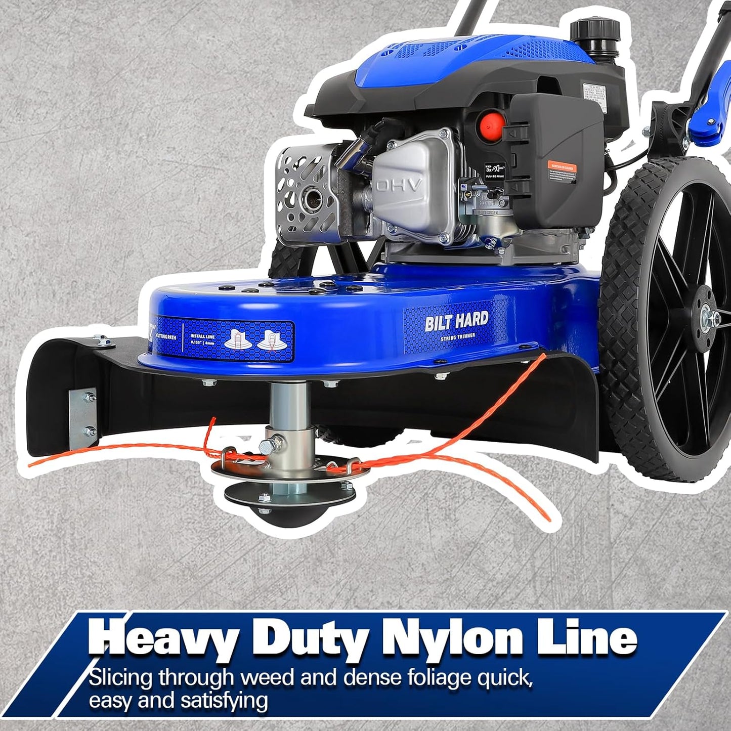 BILT HARD Walk Behind String Trimmer, 170cc 4-Cycle Gas Brush Hog Mower, 22 Inch Cutting Diameter, Push Weed Eater with 14 Inch Flat Free Wheels, Brush Cutter for Farm, Lawn, Yard