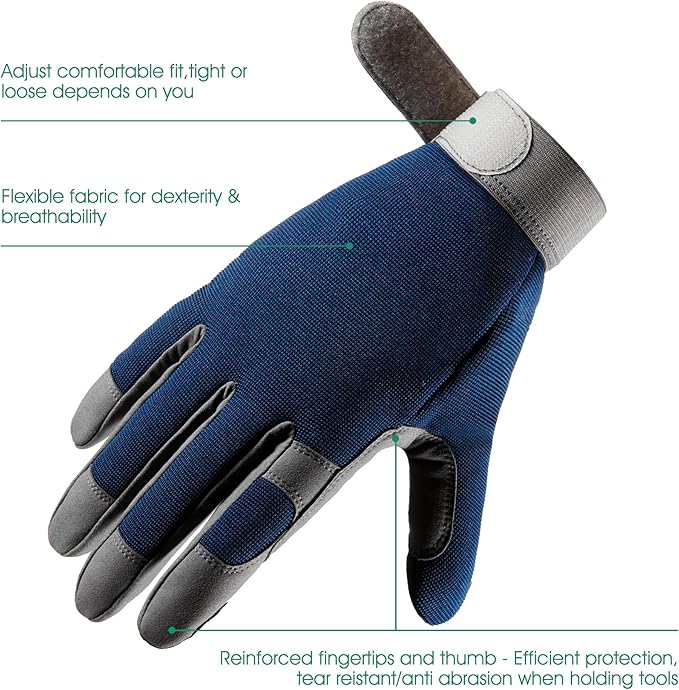 COOLJOB Thorn Proof Garden Gloves with Touchscreen Fingers for Men, Rose Pruning Work Gloves with Palm Cushion for Gardener, Farmer and Landscaper (Navy 1 Pair Small)