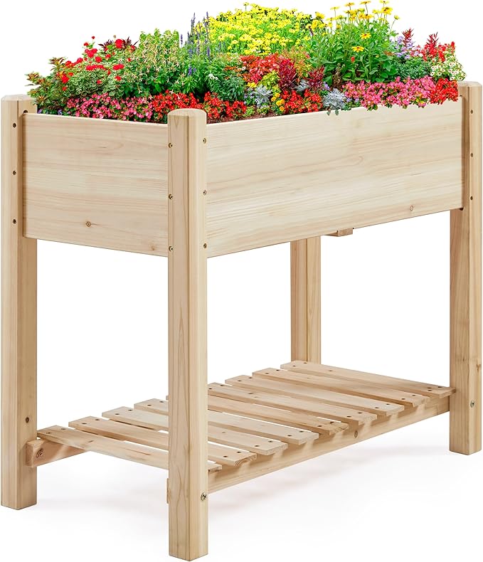 Yaheetech 34x18x30in Raised Garden Bed, Planter Box with Legs & Storage Shelf, Wooden Elevated Vegetable Growing Bed for Backyard, Patio, Balcony