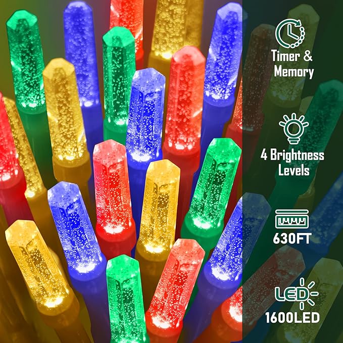 Heceltt 1600 LED 630FT String Lights Outdoor, 8 Modes Christmas Lights Plug in, IP44 Waterproof Led String Lights with Timer and Memory for Christmas Holiday Wedding Decorations (Multicolor)