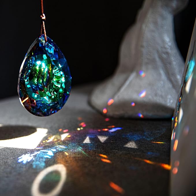 HDCRYSTALGIFTS 2PCS 76mm Crystal Prisms Suncatchers Hanging Ornament for Window, Chandelier Lamp Drops Pendant Rainbow Maker Home Garden Decoration (Single Face Colorful)