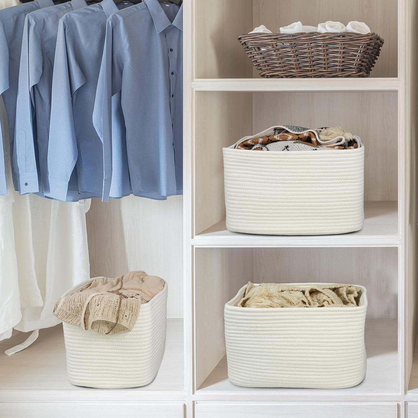 Cotton Rope storage Basket Bins Woven Basket for Organizing Shelves Rectangle Decorative Baskets For storage Clothes Toys Books Towels Square Wicker Nursery basket organizer 3 pack white