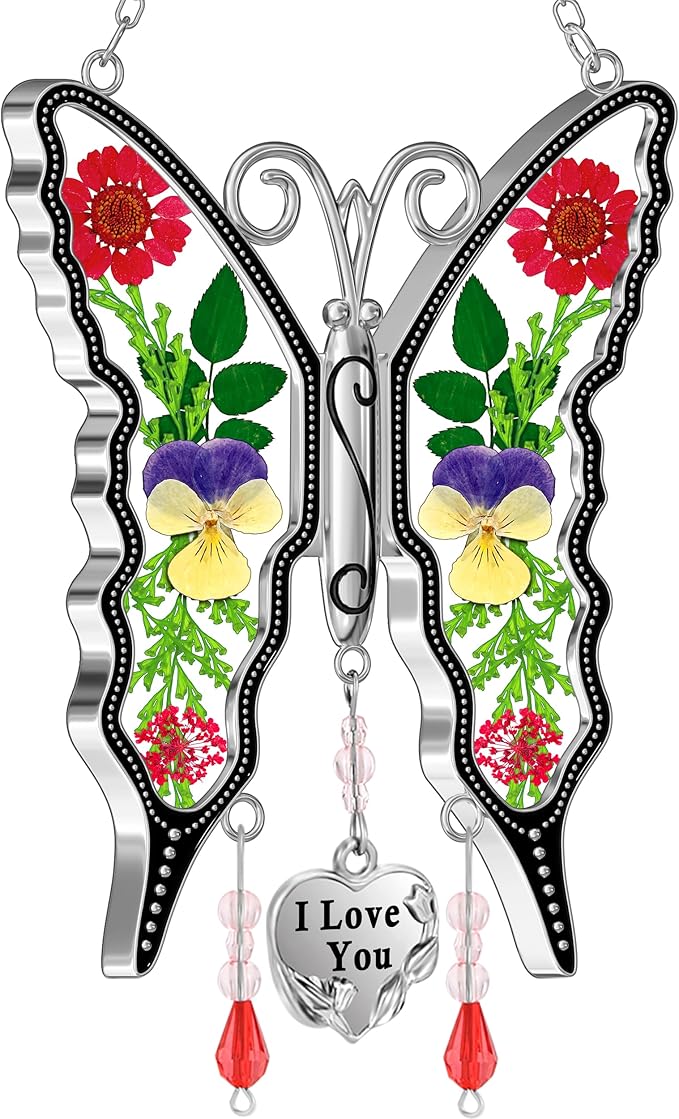 KY&BOSAM Butterfly Suncatcher I Love You Gifts for Mom for Windows Hangings Wind Chimes Pressed Flower Between Wings with Metal Heart Charm Birthday Gifts for Women Mother's Day Valentine's Christmas