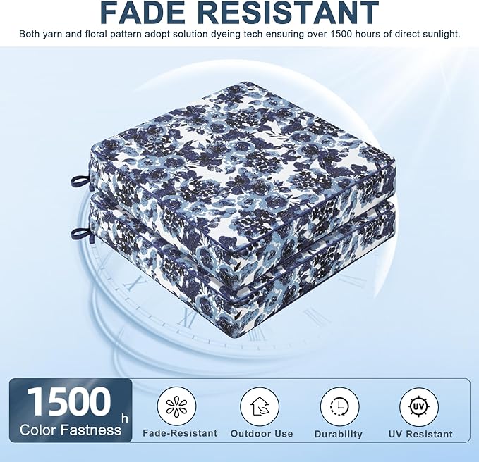Favoyard Outdoor Chair Cushion 19 x 19 x 3 In Waterproof Pattern Fade Resistant Cushions for Patio Furniture with Removable Cover Attach Straps 28D Foam Insert Cushions Pads for Seat Sofa Couch 2 Pack