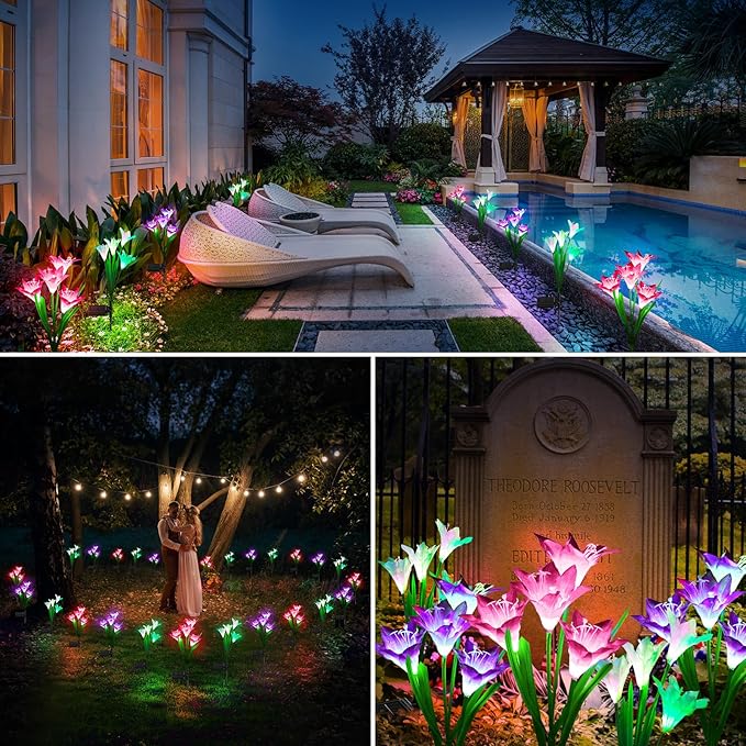 KOOPER Outdoor Solar Lights, 10 Pack Solar Garden Lights with Bigger Lily Flowers, Waterproof 7 Color Changing Solar Lights Outdoor - Bigger Solar Panel for Outdoor Patio Yard Garden Decoration