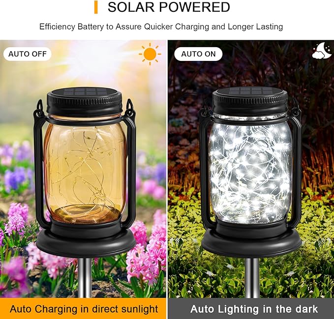 4 Pack Hanging Solar Lantern Lights, 30LED Vintage Glass Mason Jar Solar Fairy Lights Outdoor Decorative Waterproof Table Lamp with Stakes for Patio Yard Lawn Tree