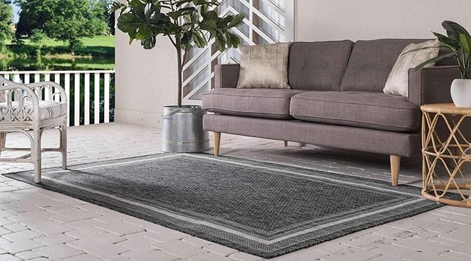Unique Loom Outdoor Border Collection Area Rug - Soft Border (8' x 11' 4" Rectangle Black/Ivory)