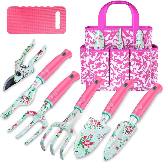 Gardening Tools, 8 Pcs Heavy Duty Floral Garden Tool Set Birthday Gifts for Women WANCHI Rose Red Gardening Kit (Garden Tool Bag Kneeling Pad Weeder Fork Hand Rake Pruning Shears Trowel Transplanter)
