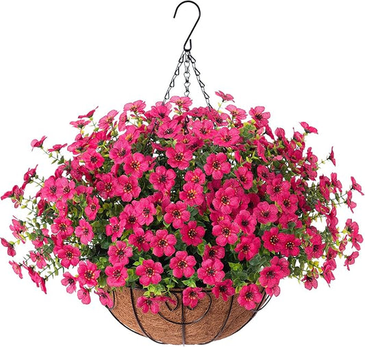 Artificial Fake Hanging Plants Flowers Basket for Outdoor Outside Porch Summer Decoration, Faux Silk Hotpink Dasiy UV Resistant Realistic in Planter for Home Patio Garden Yard