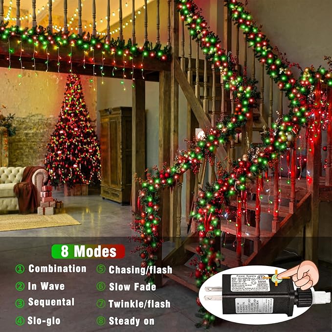Vivideal 200 LED Red and Green Christmas Lights - 66ft String Lights Indoor Clear Wire 8 Modes Plug in Waterproof Fairy Lights with Timer Memory for Indoor Outside Bedroom Home Party Decorations