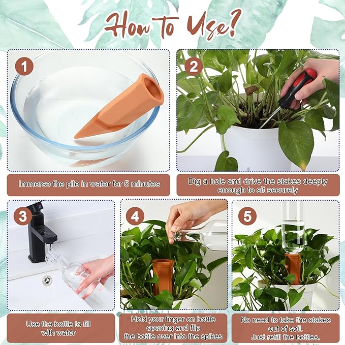 6 Sets Plant Watering Devices Include Terracotta Self Watering Spikes and 26 oz Plastic Bottles, Slow Release Vacation Insert Automatic Plant Waterer Device (Clear Green and Terracotta)
