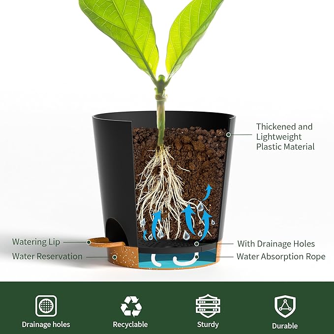 4 inch Small Plant Pots for Outdoor Indoor Plants, 10 Pack Planters with Drainage Holes and Tray, Small Self Watering Pots for Succulent, Cactus, Aloe and Other Plants (Black)