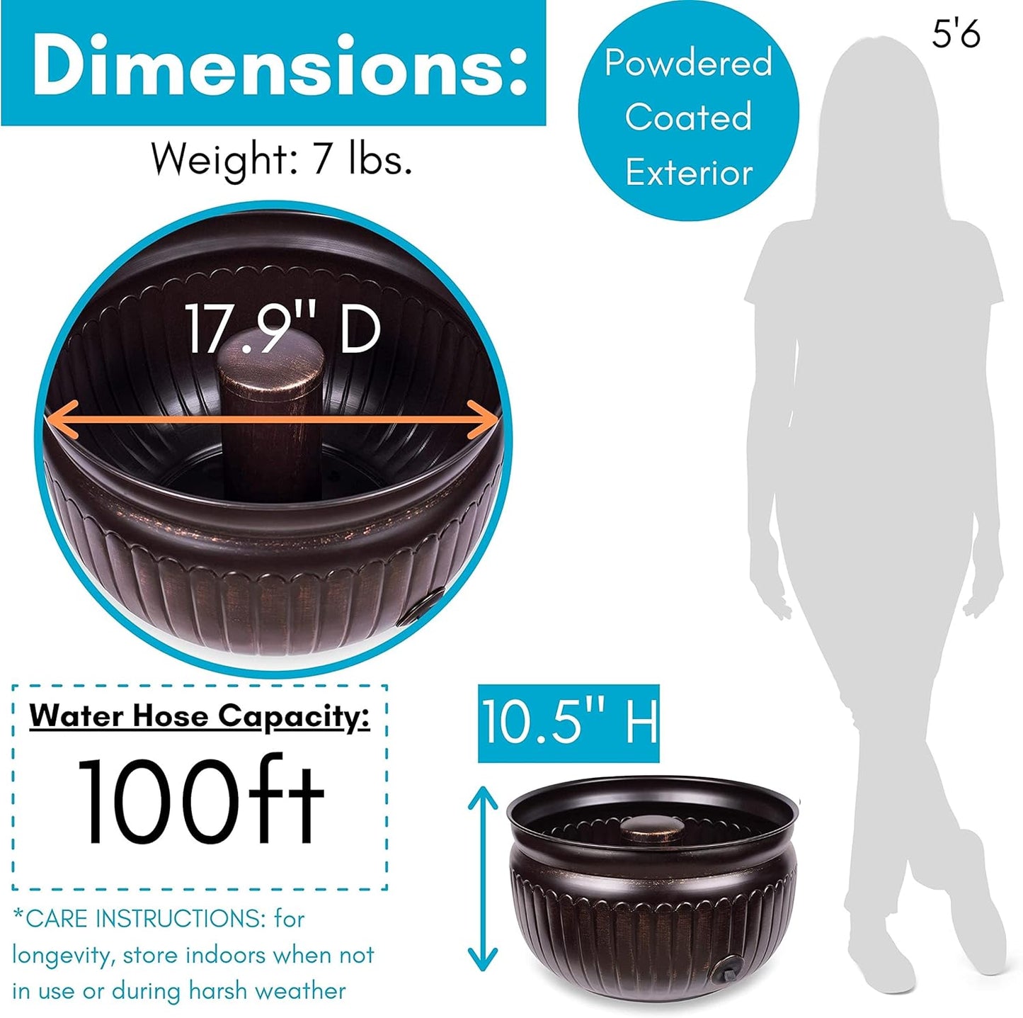 BIRDROCK HOME Water Hose Holder - Decorative Metal Pot, Indoor or Outdoor, Garden Storage Organizer, Patio Portable Bucket - Distressed Bronze, Holds up to 100ft Hoses, Medium No Lid