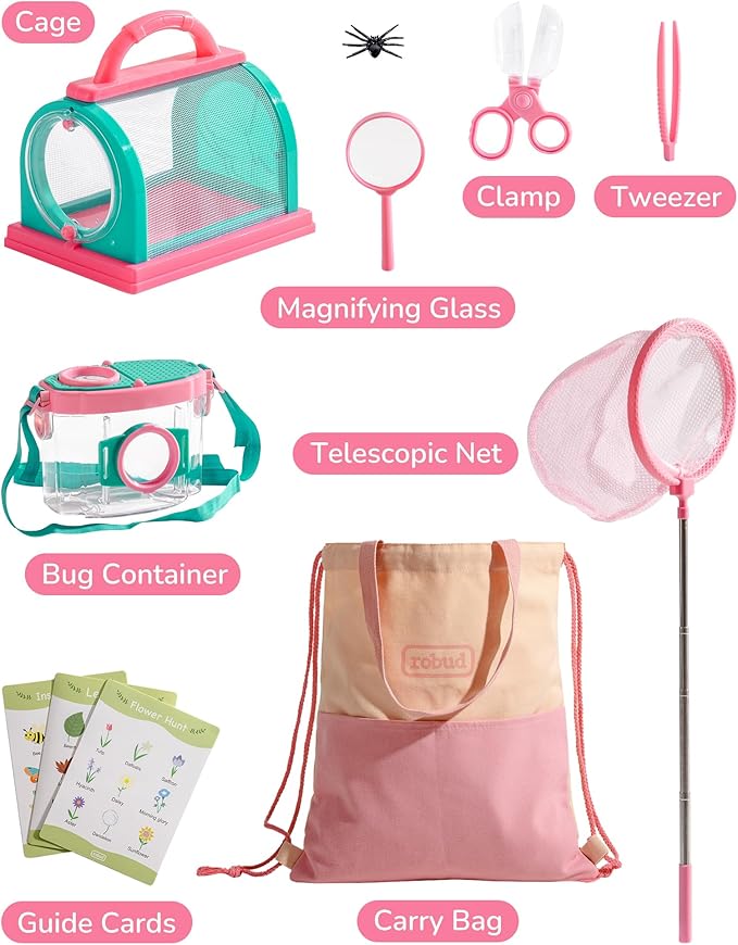 ROBUD Kids Explorer Kit, Bug Catcher Kit with Bag Kit, Pink Outdoor Exploration Set for Camping, Montessroi Toy for Kids Coming Closer to Nature，WRP28