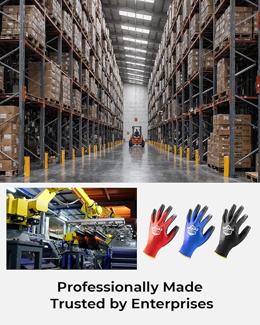 OKIAAS Work Gloves for Men，Ultra Thin and Lightweight Working Gloves with Grip, 12 Pairs Bulk Pack Construction Gloves with Polyurethane Coating for Light Duty Work (Black, XX-Large)