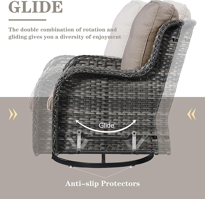 Outdoor Patio Furniture Set with Propane Fire Pit Table, 7 Pieces Wicker Patio Conversation Set with 2 Swivel Glider Rocker Chair Rattan Sofa Grey Cushion Perfect for Casual Gathering