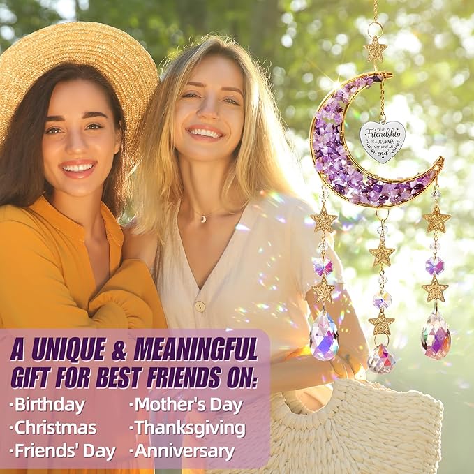 Best Friend Birthday Gifts for Women Unique, for Friends Female, Long Distance Friendship Gifts for Women BFF Bestie Sister Gifts, Moon Crystal Suncatcher for Window Hanging Decor