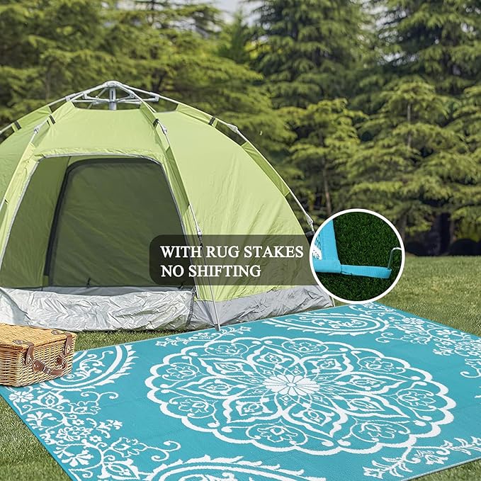 Pauwer Waterproof Outdoor Rug 8x10, Reversible Plastic Straw Patio Camping Rug, Indoor Outdoor RV Mat Carpet for Deck, Camper, Porch, Balcony, Backyard, Picnic, Boho Teal