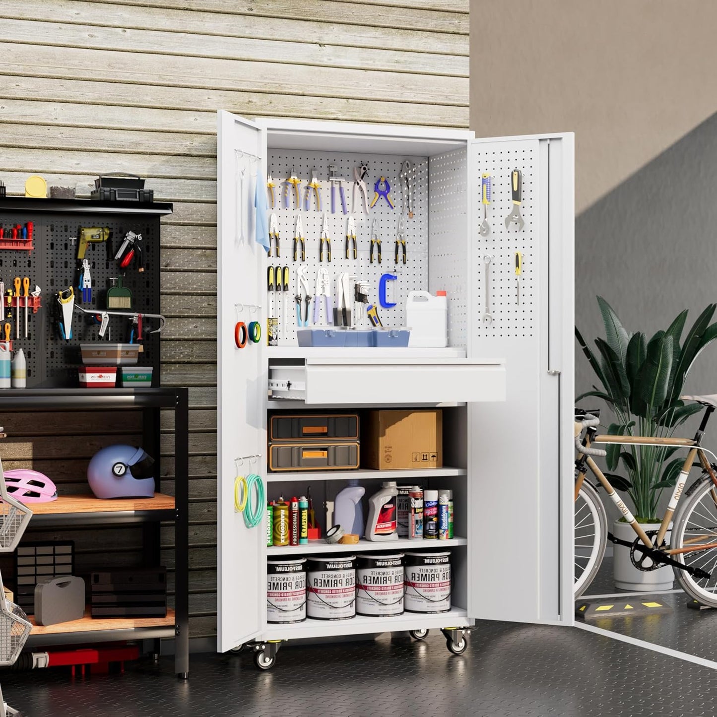 Aobabo Metal Storage Cabinet with Wheels and 1 Interior Drawer, Steel Rolling Tool Cabinet with 16 Hooks and 2 Adjustable Shelves for Garage, Home, Office, Kitchen Assembly Required, White