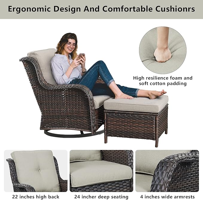 Wicker Patio Furniture Sets - 8 Piece Outdoor Rattan Furniture Conversation Sets with 4 Swivel Rocker Chairs, Rattan Sofa, Wicker Ottomans and Coffee Table, Brown/Beige