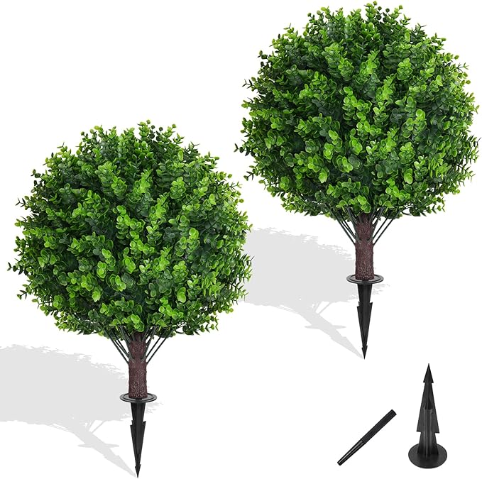 Artificial Eucalyptus Topiary Ball Trees with Ground Spike, Set of 2 UV Resistant Artificial Shrubs, Fake Evergreen Artificial Plant Bushes for Indoor Outdoor Front Porch Garden