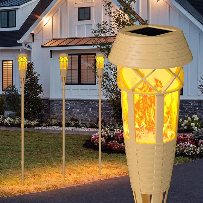 Solar Outdoor Lights – Solar Torch Lights with Flickering Flame for Garden Decor, Waterproof Solar Garden Lights, Outdoor Patio & Pathway Yard Decorations with Flame Torches - 4 Pack