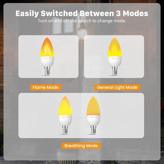Hompavo 【Upgraded】 LED Flame Light Bulbs, 3 Modes Flickering Light Bulbs, E12 Chandelier Base Candle Fire Light Bulb for Halloween, Christmas, Party, Porch, Indoor & Outdoor Home Decoration - 6 Pack