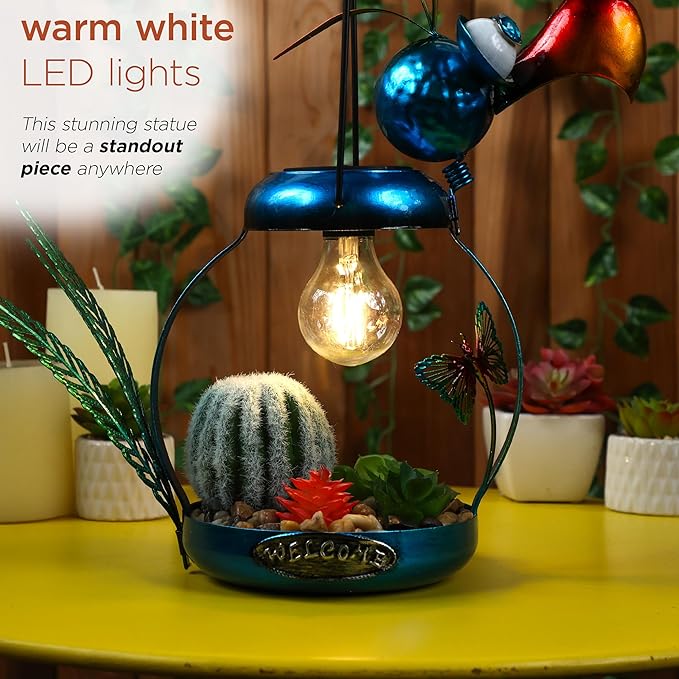 Alpine Corporation LYT290SLR-HH Solar-Powered Metal Flamingo with Garden Enclosed LED Light, Solar Patio Decor, 16''H, Blue