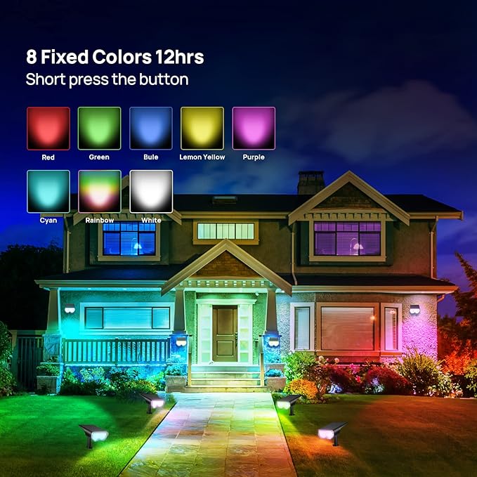 Consciot Solar Spot Lights Outdoor, 16 LEDs IP67 Waterproof Color Changing Solar Outdoor Lights, 8 Colors, Auto On/Off, 2-in-1 Adjustable Wall Lights for Garden Yard Pathway, 4 Pack(RGB)