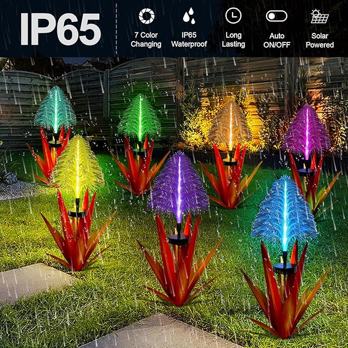 Metal Outdoor Decoration Gift Christmas Decorations Outdoor Metal Agave Yard Art Garden Lights Solar Outdoor, 7 Color Changing Garden Yard Pathway Xmas Decor Waterproof & Solar Powered(2pcs red)