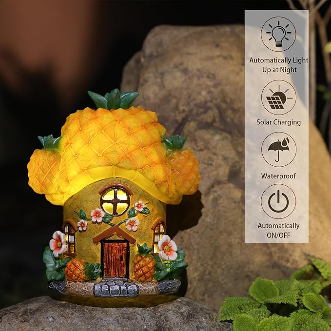 Fairy House Pineapple-Solar Garden Statues-Outdoor Decor - Fairy Garden Accessories for Porch Backyard Yard Lawn Flower Bed Decor