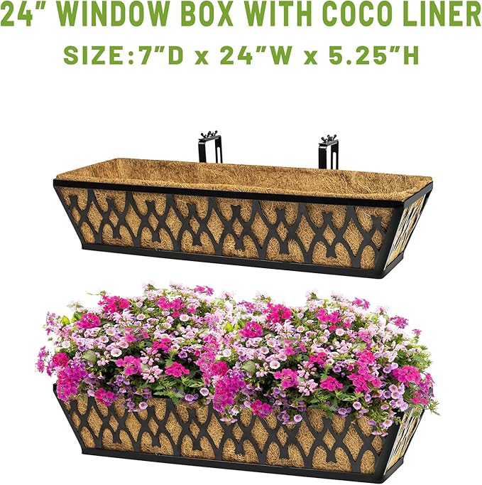 4 Pack 24 Inch Window Boxes Planters for Outdoor Plants Railing Planter Box with Adjustable Brackets for Windowsill Porch Fence Patio Hanging Flower Coco Baskets for Outside Decoration - Black