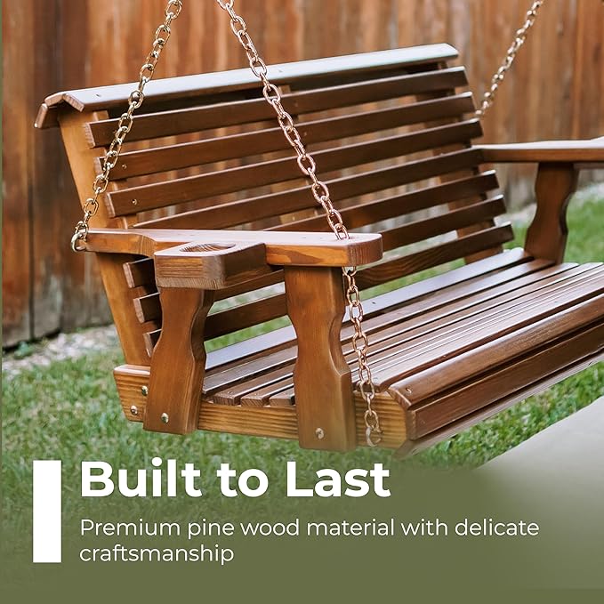 Amish Casual 6 Foot Roll Back Porch Swing with Cup Holders in Semi-Solid Gray Stain - Amish Made in The USA from Treated Pine Heavy Duty 700 Lb. Weight Capacity