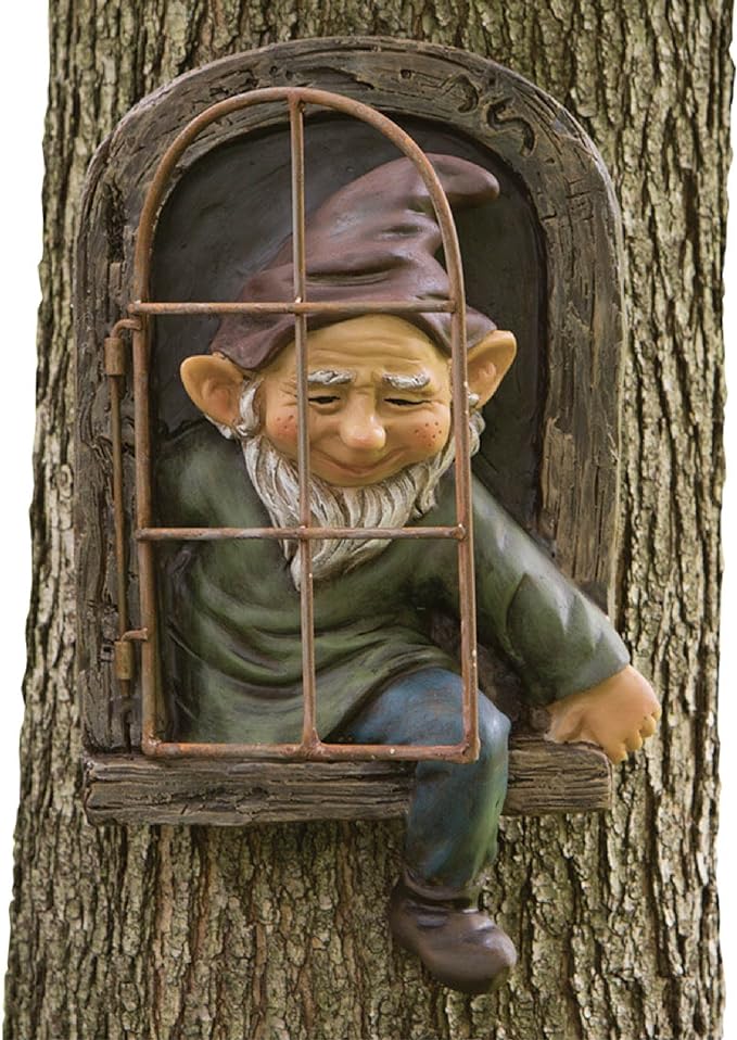 Bits and Pieces - 12-inch Elf Out The Door Tree Hugger - Yard Decorations - Whimsical Tree Sculpture - Garden Decoration - Garden Peeker Yard Art
