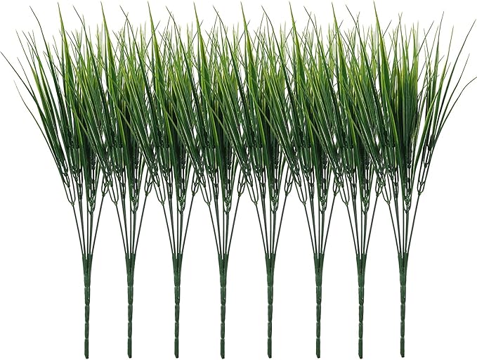 8 Pack Artificial Plants Flowers Grass Shrubs No Fade Faux Plastic Flowers Outdoor for Farmhouse Garden Porch Patio Indoor Wedding Decoration Greenery Fake Plants uv Resistant (3#Green)