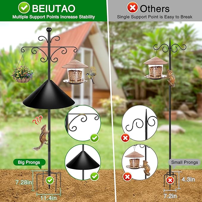 Bird Feeder Pole for Outdoors Heavy Duty Squirrel Proof, 2 Pack 108 Inch Adjustable Tall Shepherds Hooks for Outdoor with 5 Prongs Base, Double Shepherd Hooks (2 Pack Black, 108 Inch)