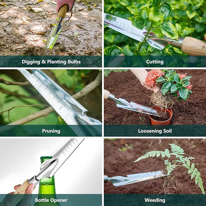 Berry&Bird Garden Hand Weeding Trowel, Stainless Steel Weeder Tool for Gardening with Wooden Handle, Multifunctional Manual Weed Puller & Digging Knife for Planting Transplanting Cutting Measuring